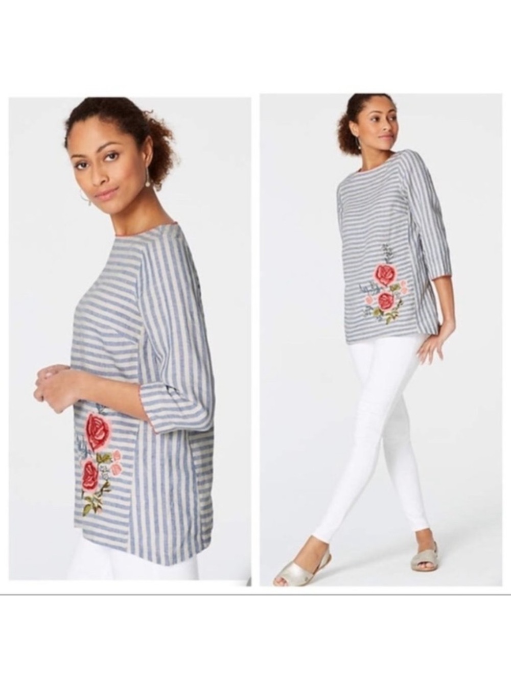 J. Jill Love Linen Embroidered Striped Floral Top Size L - Picture 2 of 13